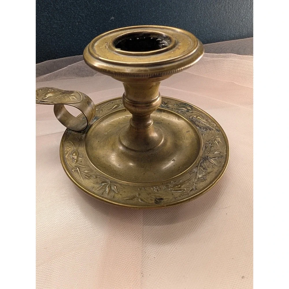 Brass Chamberstick Candle Holder & Pair of Lion Head Ring Pulls Vanity Hardware